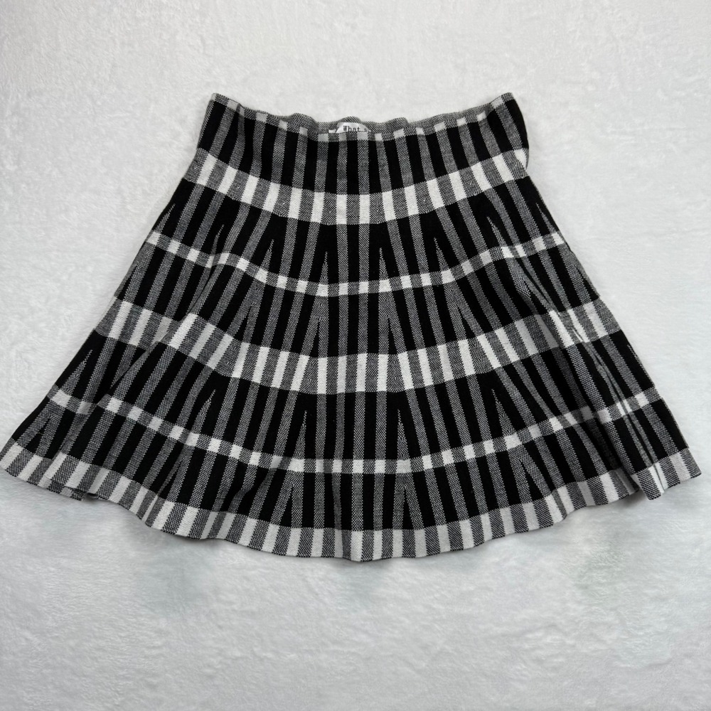 Say What? Plaid Pleated Mini Skirt Black White Checkered Knit Skater Size L